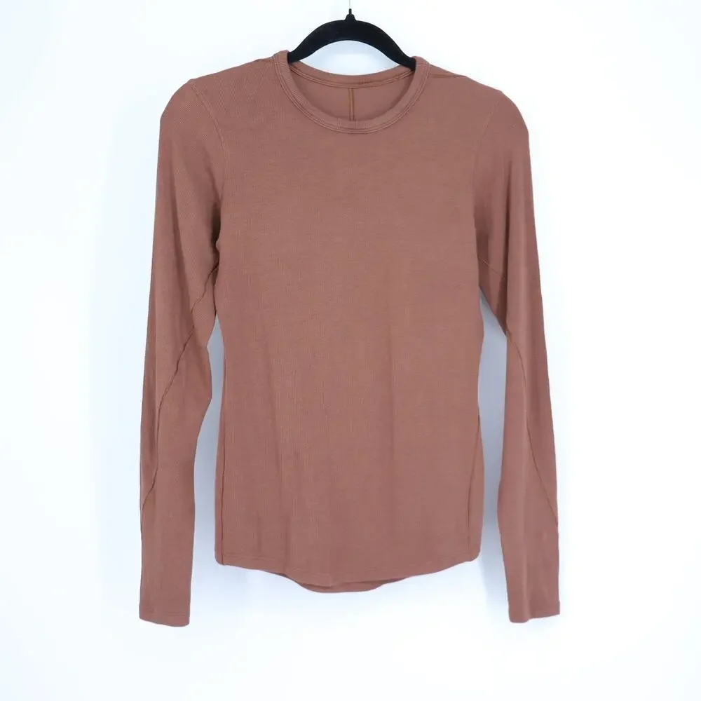 LULULEMON Long Sleeve Hold Tight Shirt Roasted Brown Ribbed Knit Top Women's 8